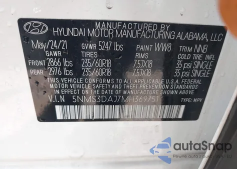 2021 Hyundai Santa Fe Sel из США, поврежденный, VIN 5NMS3DAJ7MH369751